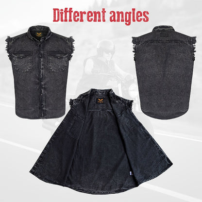 Men's Sleeveless Shirt – Fringe Hem Crew Neck Tank Top, Stonewash Cotton, Regular Fit for Streetwear, Beach & Vacation, Sizes M–XXXXL