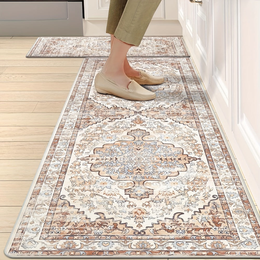 Kitchen Mat Set, 2-Piece Boho Distressed Cushioned Rugs in Five Color Patterns with 17.3x28 and 17.3x48-Inch Sizes