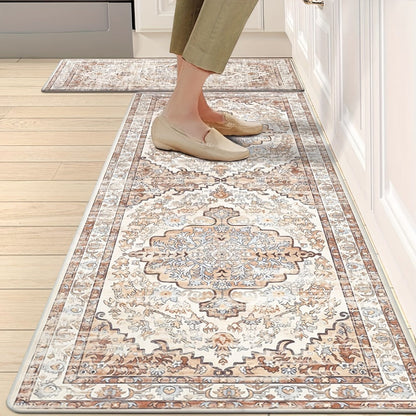 Kitchen Mat Set, 2-Piece Boho Distressed Cushioned Rugs in Five Color Patterns with 17.3x28 and 17.3x48-Inch Sizes
