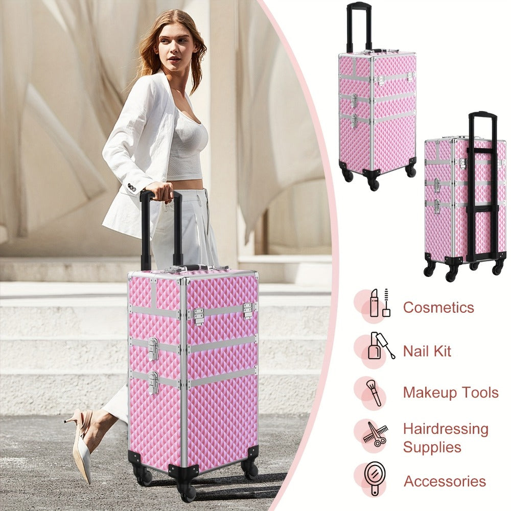 Three-Section Rolling Makeup Train Case with Telescoping Handle in Black or Pink and Sponge Set