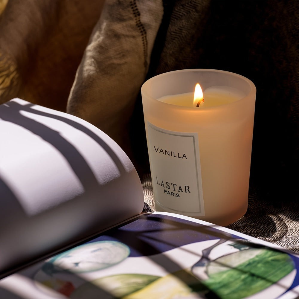 LASTAR Vanilla Scented Candle, 70g Frosted Round Glass Jar with 2.4 oz Marking and Pictured Carton