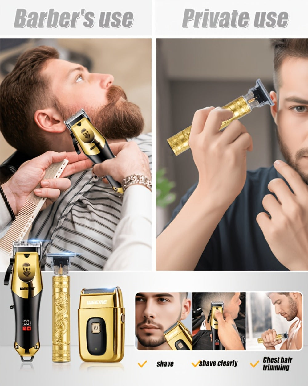 Beard Trimmer Set for Men - USB Rechargeable Hair Clipper & Grooming Kit with Battery Indicator, Comb Attachments