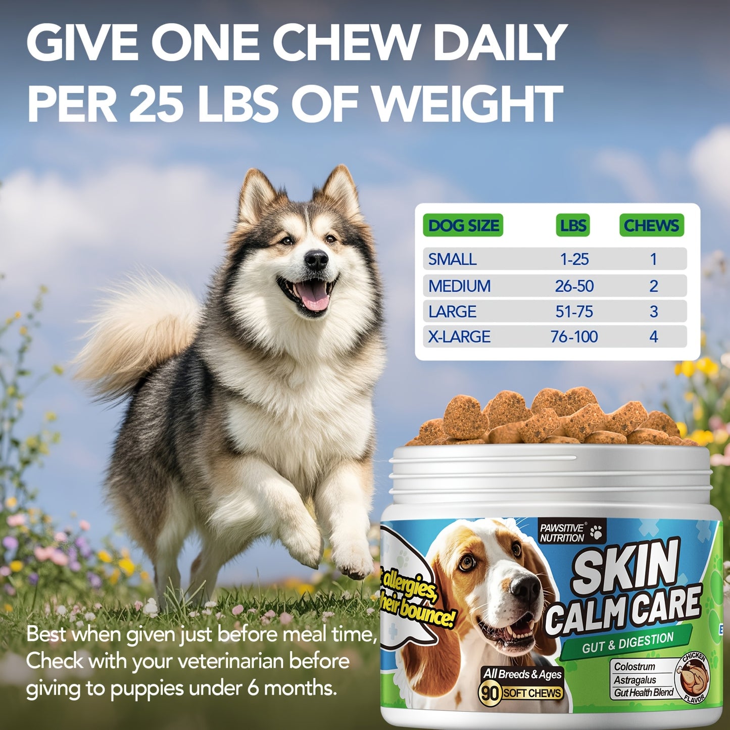 Dog Probiotic Chews – 6 Billion CFU with Bovine Colostrum & Astragalus Root, Gut Health & Immune Support, Chicken Flavor