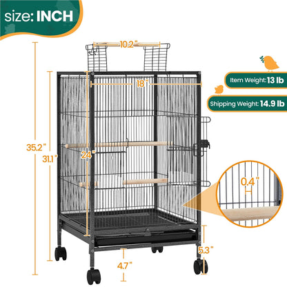 Bird Cage with Rolling Stand Open Top 31 Inch Wrought Iron Black – Slide Out Tray Feeder Doors, for Everyday Bird and Small Animal Care