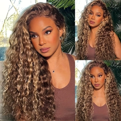 Wig Long Deep-Wave Honey Blonde Ombre, 28-Inch Synthetic Fiber with 13x4 Lace Front and Glueless Cap