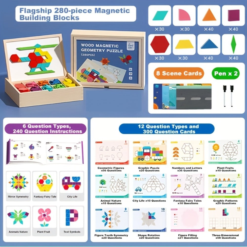 Magnetic Wooden Puzzle Board for Kids, 128/180/220/280 PCS Geometric Shape Recognition & Logical Thinking Toy