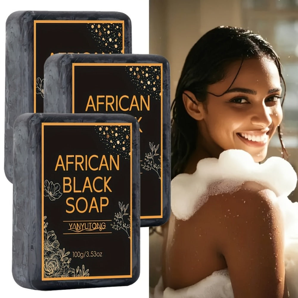 African Black Soap Bar 3-Pack 100g Each with Shea Butter & Coconut Oil – Deep Cleansing Moisturizing Face & Body Wash