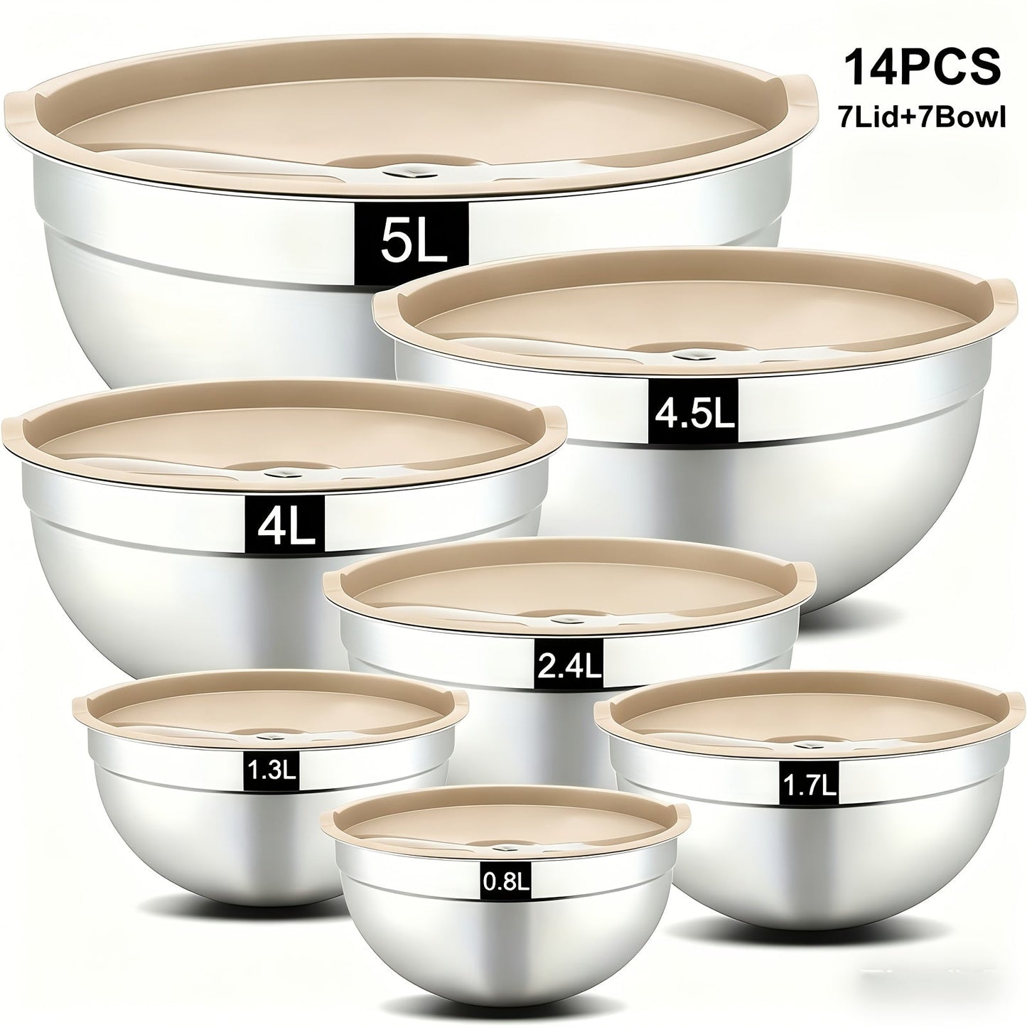 Stainless Steel Mixing Bowls with Airtight Lids Set of 14 Seven Nesting Bowls 0.7 to 4.5QT for Home Cooking, Dining and Outdoor Meals