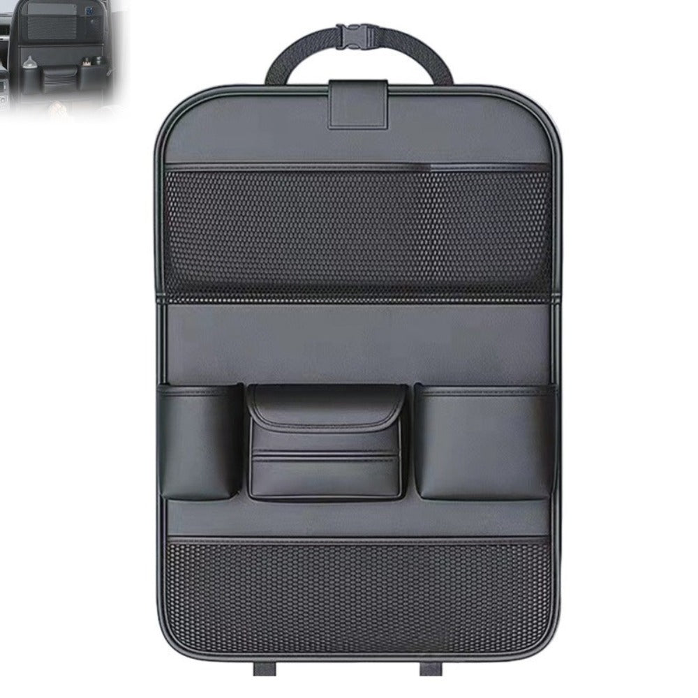 Black PU Leather Car Seat Back Organizer with Laptop Sleeve, Mesh Pockets, Bottle Holders and Foldable Storage