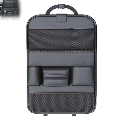 Black PU Leather Car Seat Back Organizer with Laptop Sleeve, Mesh Pockets, Bottle Holders and Foldable Storage