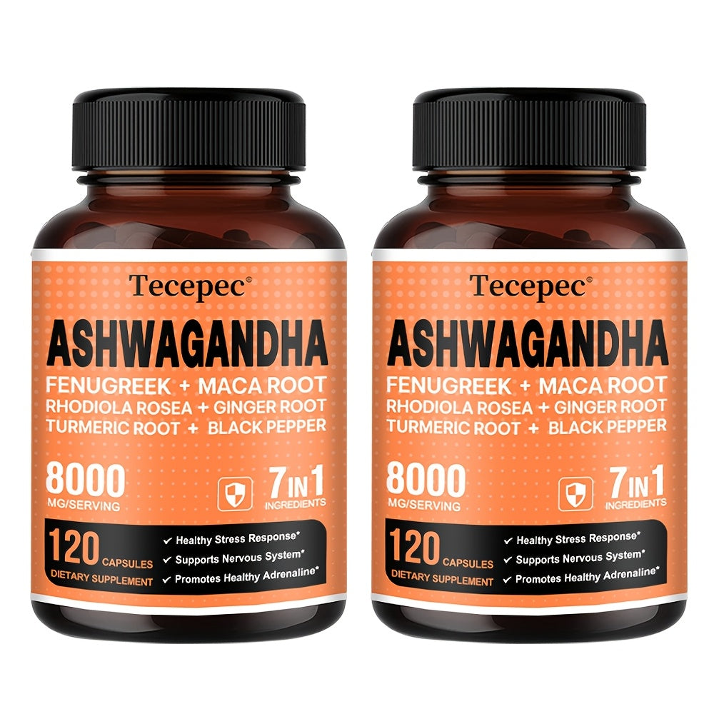 Ashwagandha Capsules 7-in-1 Adaptogen Blend 120ct with Maca Root Rhodiola Rosea Ginseng for Bath Time, Home Spa and Personal Care