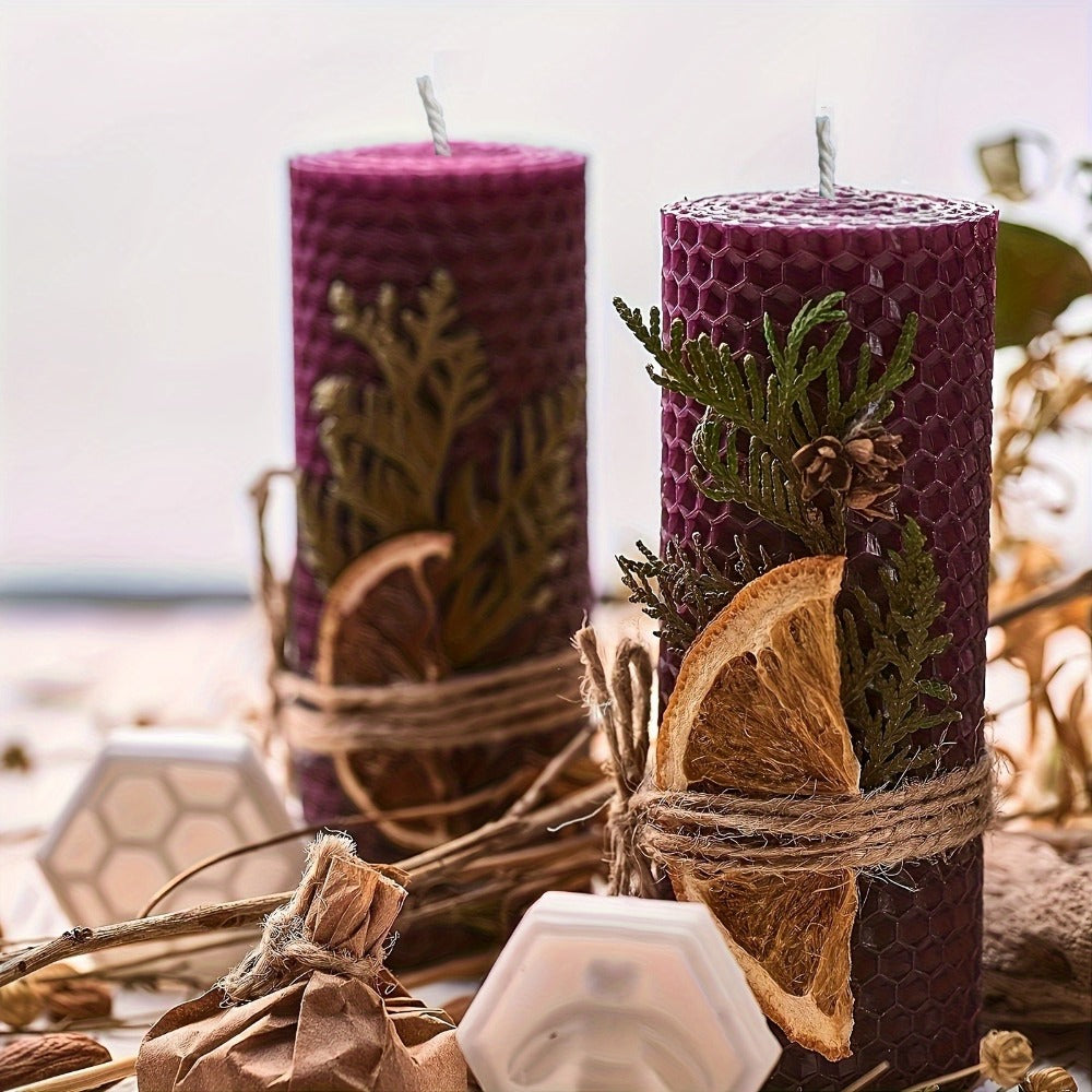 Honeycomb Beeswax Pillar Candles, 10cm by 3.5cm in Yellow, Purple, Red or Blue with Single or Eight-Piece Options
