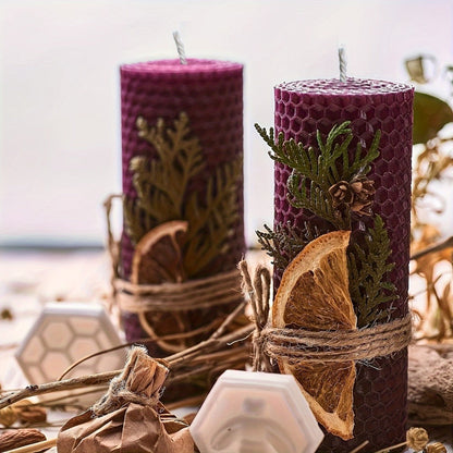 Honeycomb Beeswax Pillar Candles, 10cm by 3.5cm in Yellow, Purple, Red or Blue with Single or Eight-Piece Options
