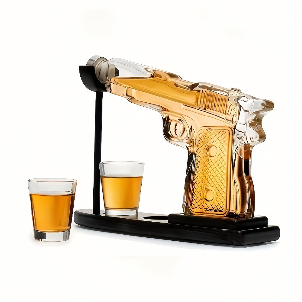 Whiskey Gun Decanter Set 10oz with 2 Bullet Shot Glasses & Wooden Stand, Handgun Shaped Liquor Decanter for Home Bar