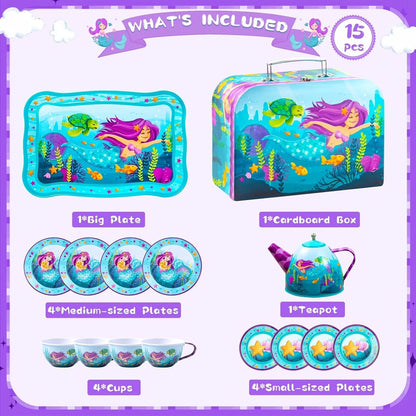 Mermaid Tea Party Set for Girls 21pcs, Tin Teapot, 4 Cups, Saucers, Plates & Carrying Case, Pretend Play Kitchen Toy for Toddlers