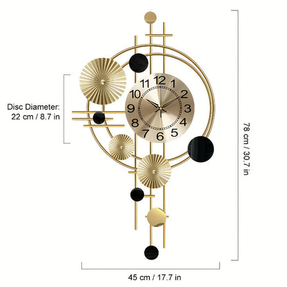 Golden Metal Art Wall Clock with Asymmetrical Circular Accents, Analog Dial and 30.7 x 17.7-Inch Size