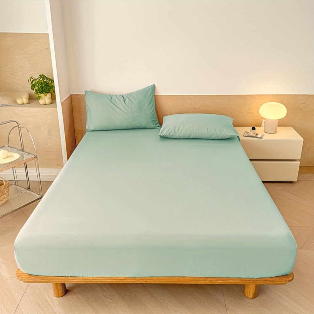 Three-Piece Solid-Color Fitted Sheet Set with Two Pillowcases, Nine Colors and Four Bed Sizes