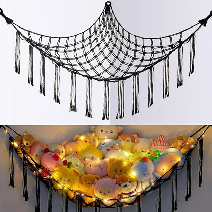 Stuffed Animal Storage Hammock with Lights Corner Hanging Toy Net Organizer for Nursery for Entryways, Bedrooms and Living Spaces