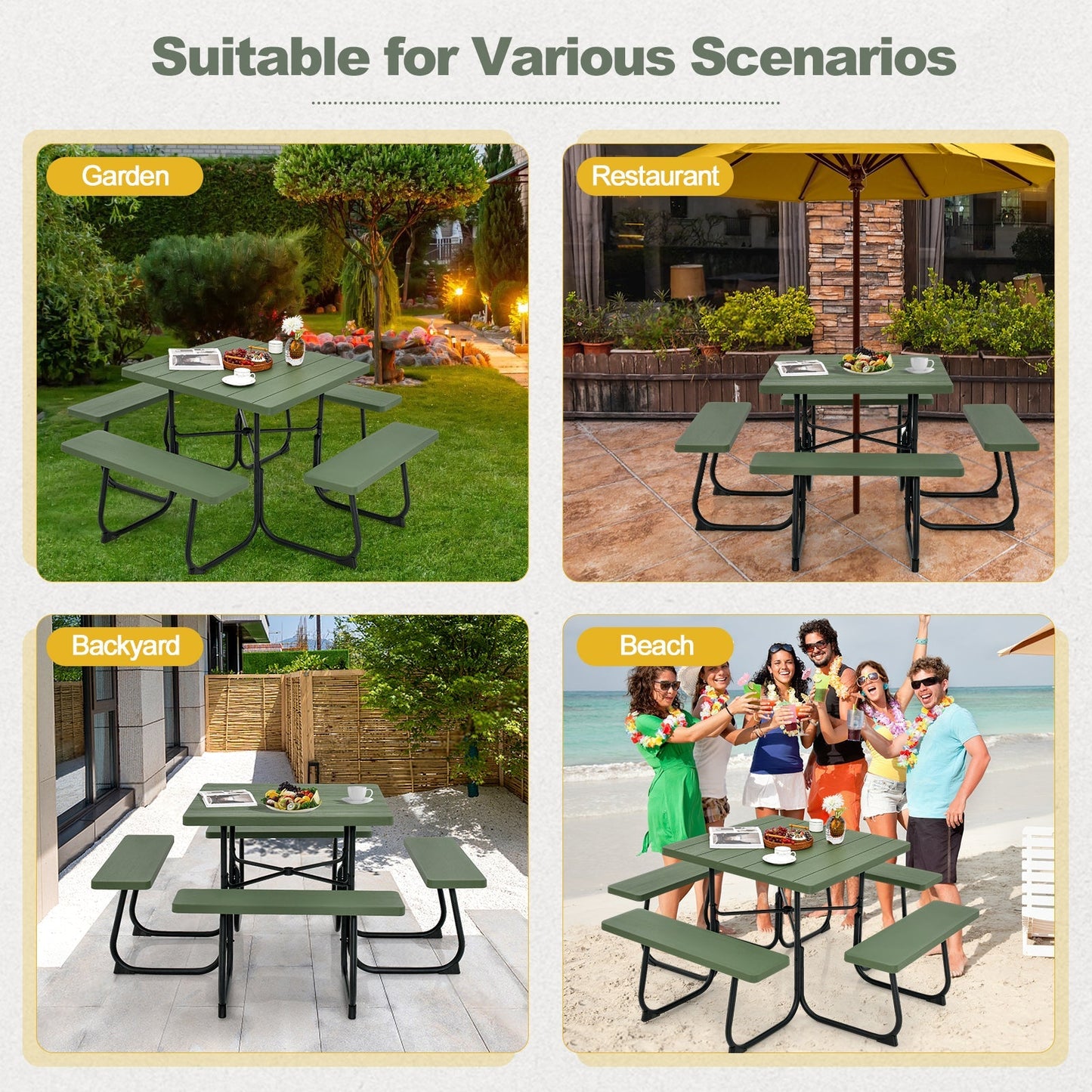 Outdoor Picnic Table 8-Person, Square HDPE Table with 4 Built-in Benches, Umbrella Hole, Metal Frame