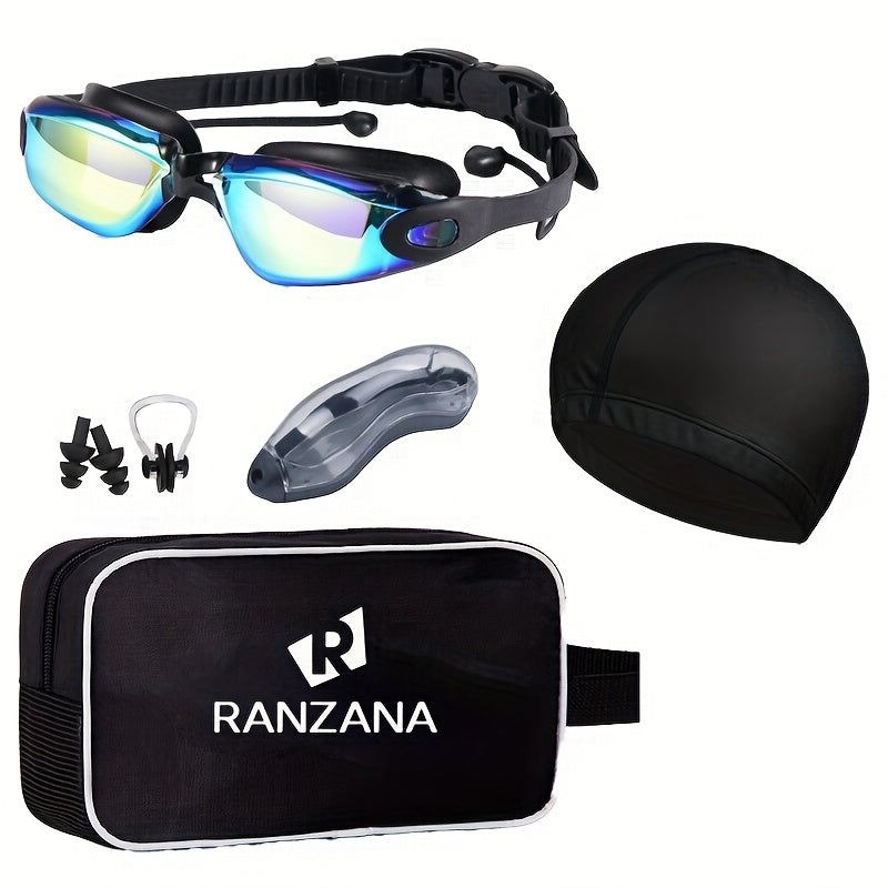 Iridescent-Lens Swim Goggles Set with Adjustable Split Strap, Swim Cap, Hard Case and Small Accessories
