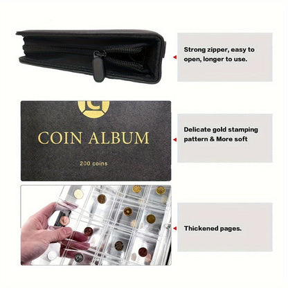 Coin Collection Book with Zipper & Handle 200/320 Pockets – 10/20 Page Coin Storage Album for Currency & Commemorative Coins