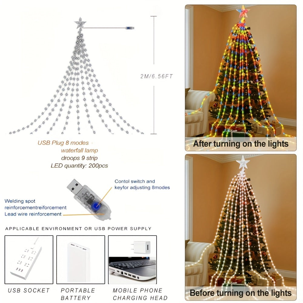 Christmas Tree Waterfall Fairy Lights 200 LED with Star Top Decoration, 8 Lighting Modes, Battery