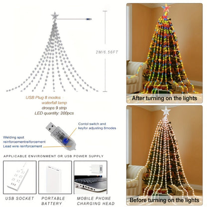 Christmas Tree Waterfall Fairy Lights 200 LED with Star Top Decoration, 8 Lighting Modes, Battery