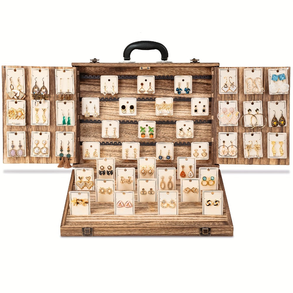 Wooden Jewelry Display Case with Lock & Buckle Closure – Vintage Tabletop Organizer Box for Earrings, Bracelets & Necklaces