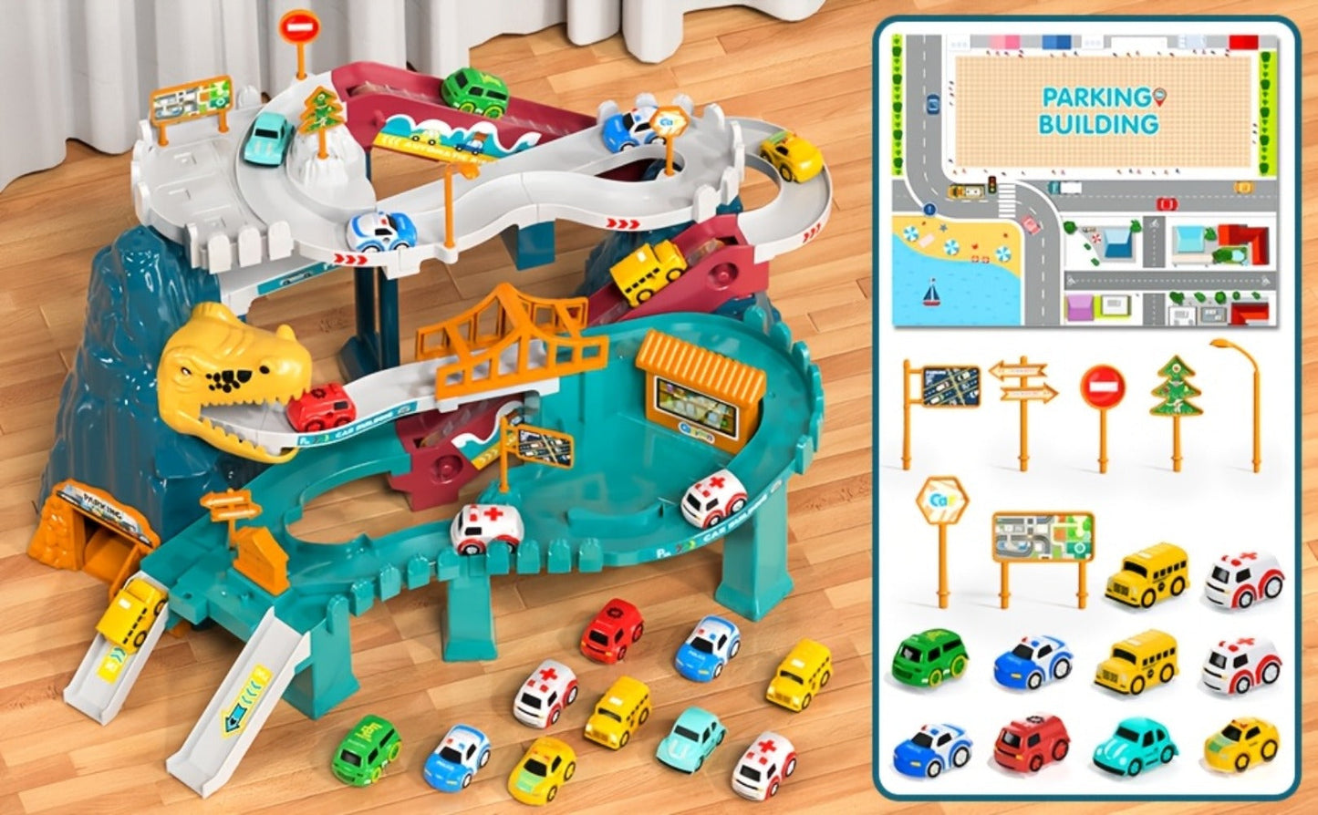 Dinosaur Race Track Toy Set for Kids with 10 Mini Cars & Ramp Launcher with the Listed Color, Size or Set Options for Everyday Use