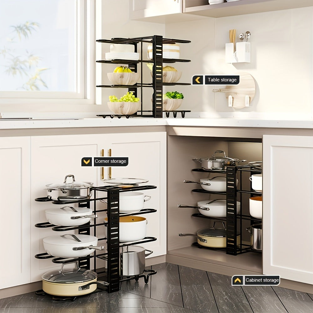 Eight-Tier Pot and Pan Organizer Rack in Black with Side Cookware and Lid Positions, One- or Two-Piece Sets