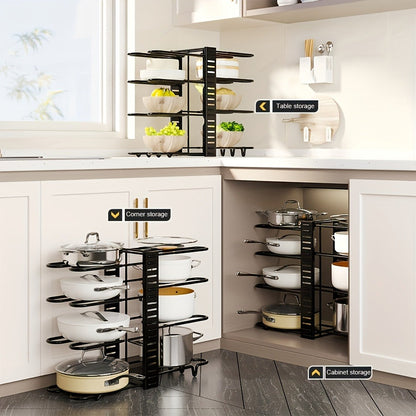 Eight-Tier Pot and Pan Organizer Rack in Black with Side Cookware and Lid Positions, One- or Two-Piece Sets