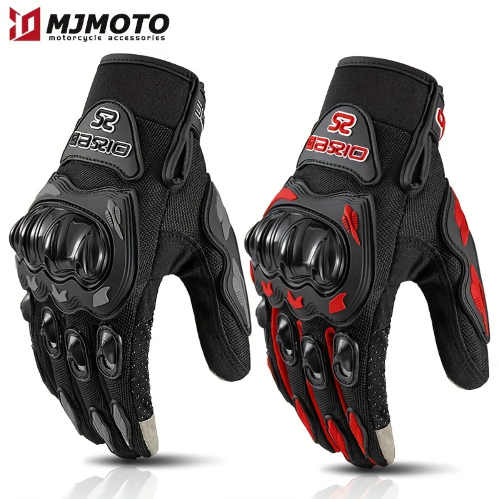 Full-Finger Motorcycle Gloves with Segmented Knuckle Shell, Wrist Tabs, Black or Red in M to XL