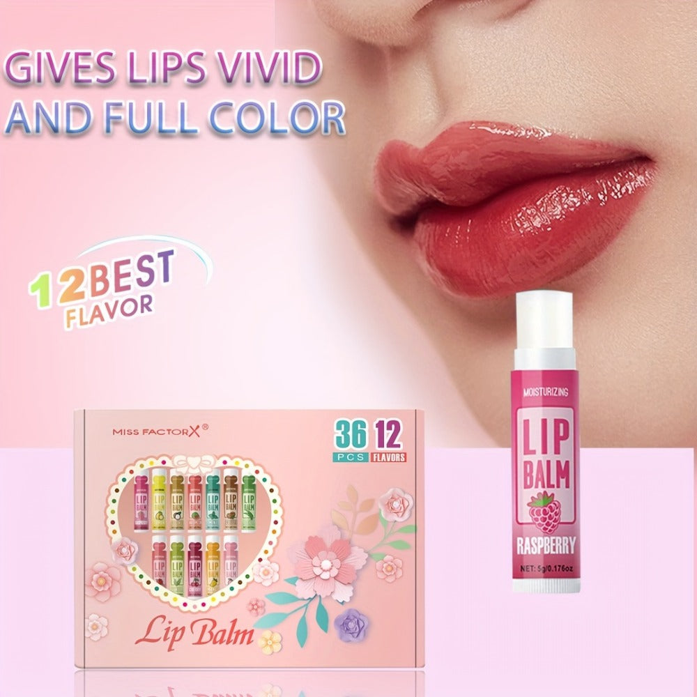 Lip Balm 36-Piece Tinted Gift Set with 12 Flavors, Glossy Finish and Colorful Tube Packaging