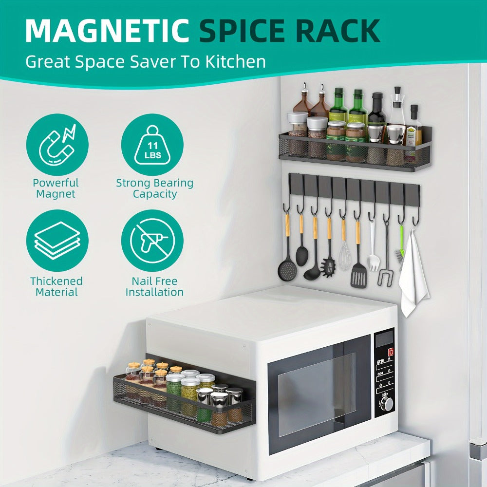 Kitchen Organizer Magnetic Refrigerator Shelf 4-Piece Set with Hooks for Metal Appliance Surfaces