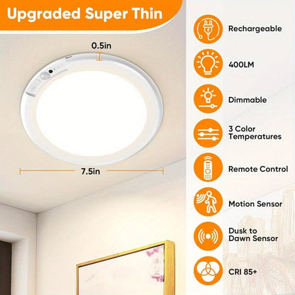 Motion Sensor Ceiling Light Rechargeable with Remote, 3-Color Dimmable Wireless LED Overhead Light