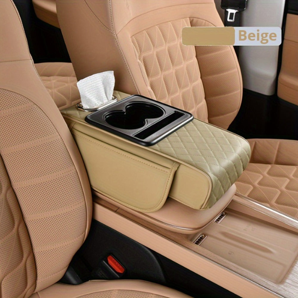 Car Center Console Cover PU Leather – Universal Armrest Box Mat with 2 Cup Holders & 2 Side Pockets, Phone & Card Storage