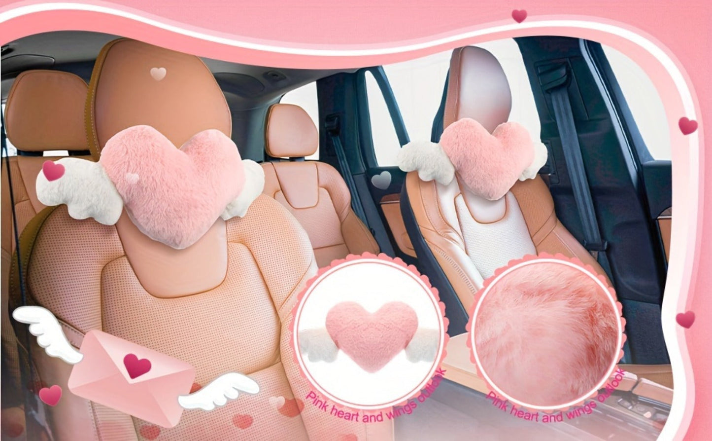 Car Headrest Neck Pillow Heart Shape with Angel Wings – Cute Plush Lumbar Cushion & Seat Back Pillow, Car Interior Decor Accessory