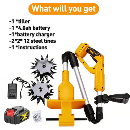 Electric Tiller Cultivator Cordless 20V Battery Powered - 8.6 Inch Tilling Width, Adjustable Handle