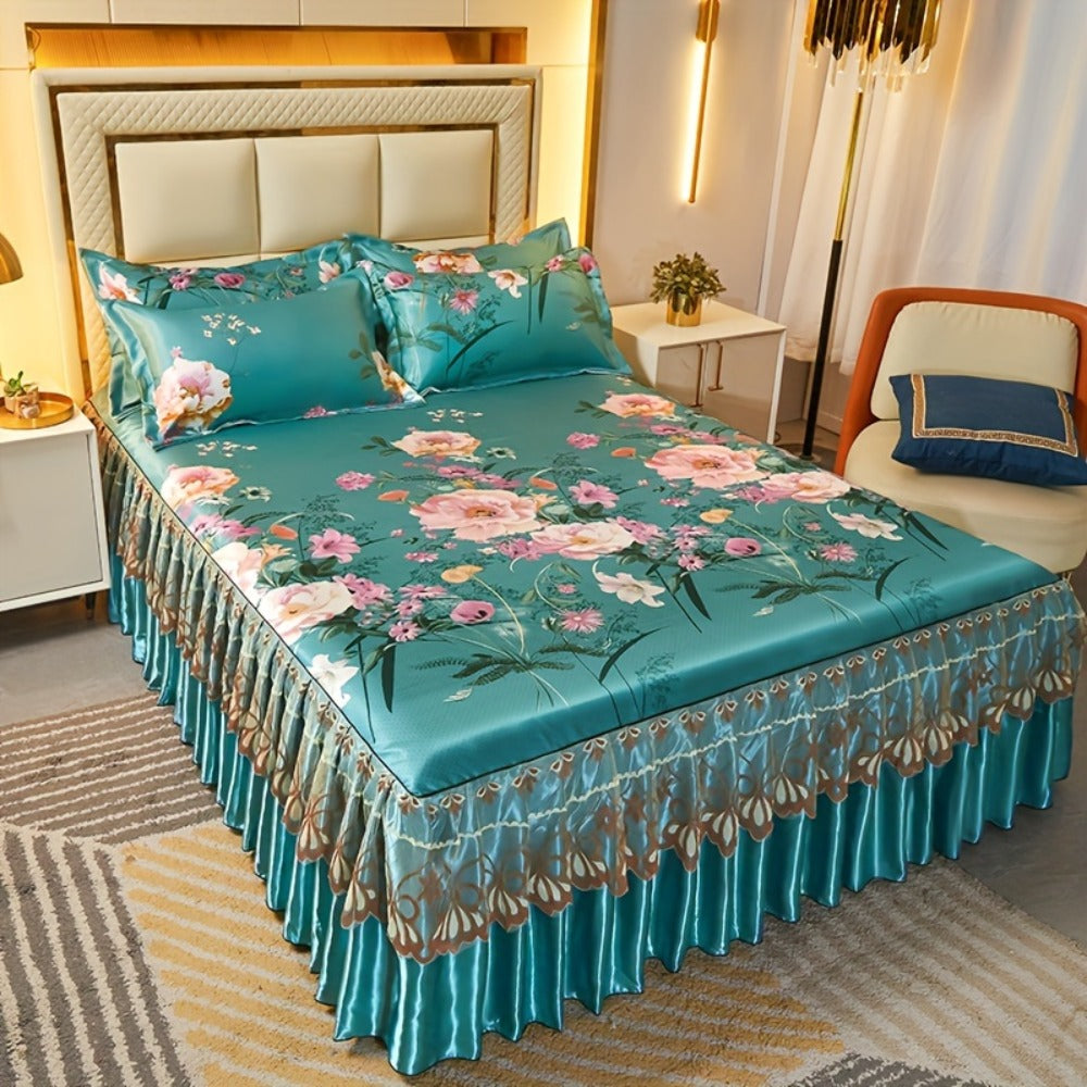 Ruffled Floral Bedspread Mat Set with Two Pillowcases, Twin to King Sizes and Four Pattern Choices