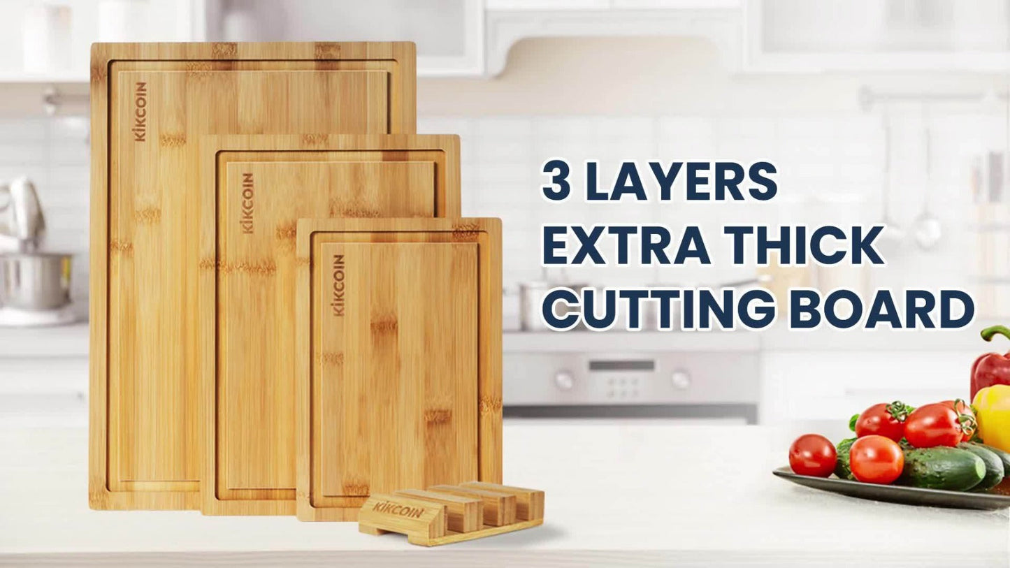 Cutting Board KIKCOIN Bamboo Set or Extra-Large Single Board with Juice Grooves and Storage Holder
