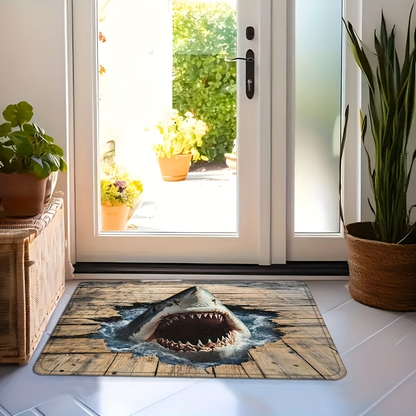 Shark Ocean Print Door Mat with Weathered Wood-Look Background in 40 x 60cm or 50 x 80cm Sizes