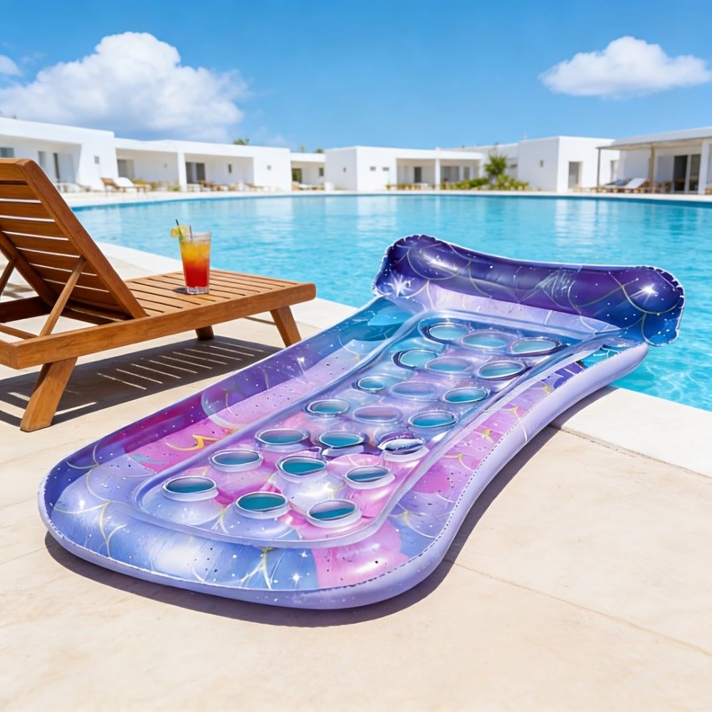 Rectangular Inflatable Pool Bed with Raised Pillow, Round Vent Holes and Rainbow or Mermaid Designs