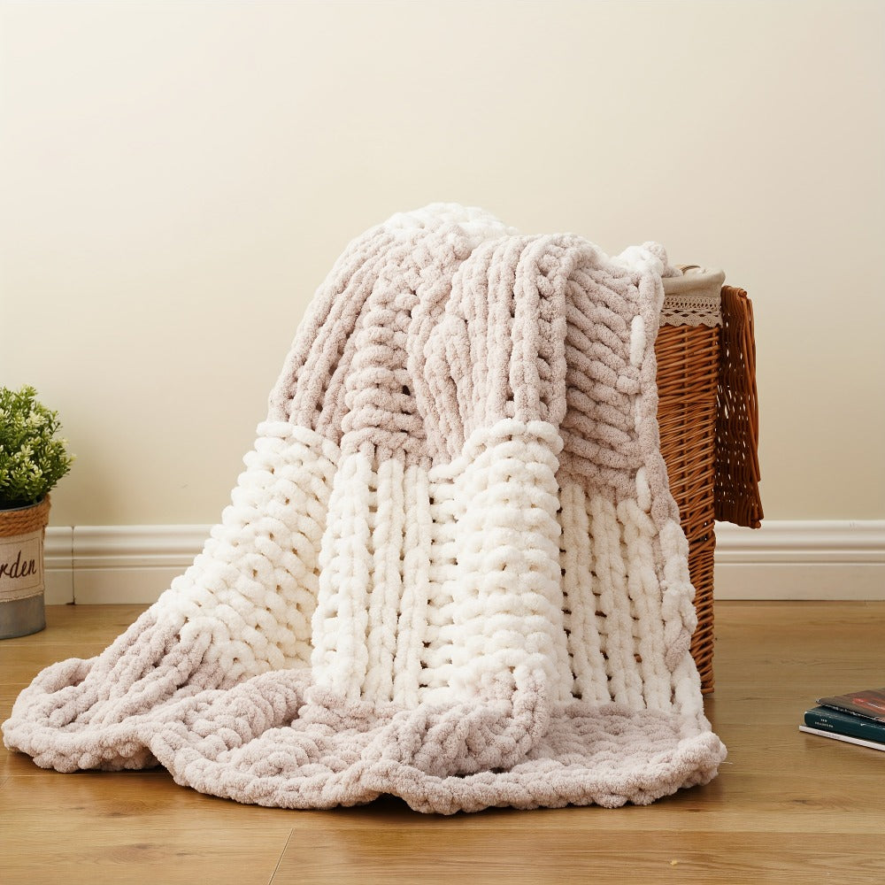 Chunky Chenille Cable Knit Throw Blanket, 350-400gsm Crochet Throw for Sofa, Bed & Couch, Vintage Patchwork