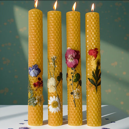 Floral Cone Candle Holders Set of 4, 10-Inch Decorative Beeswax Taper Candles for Holiday Parties