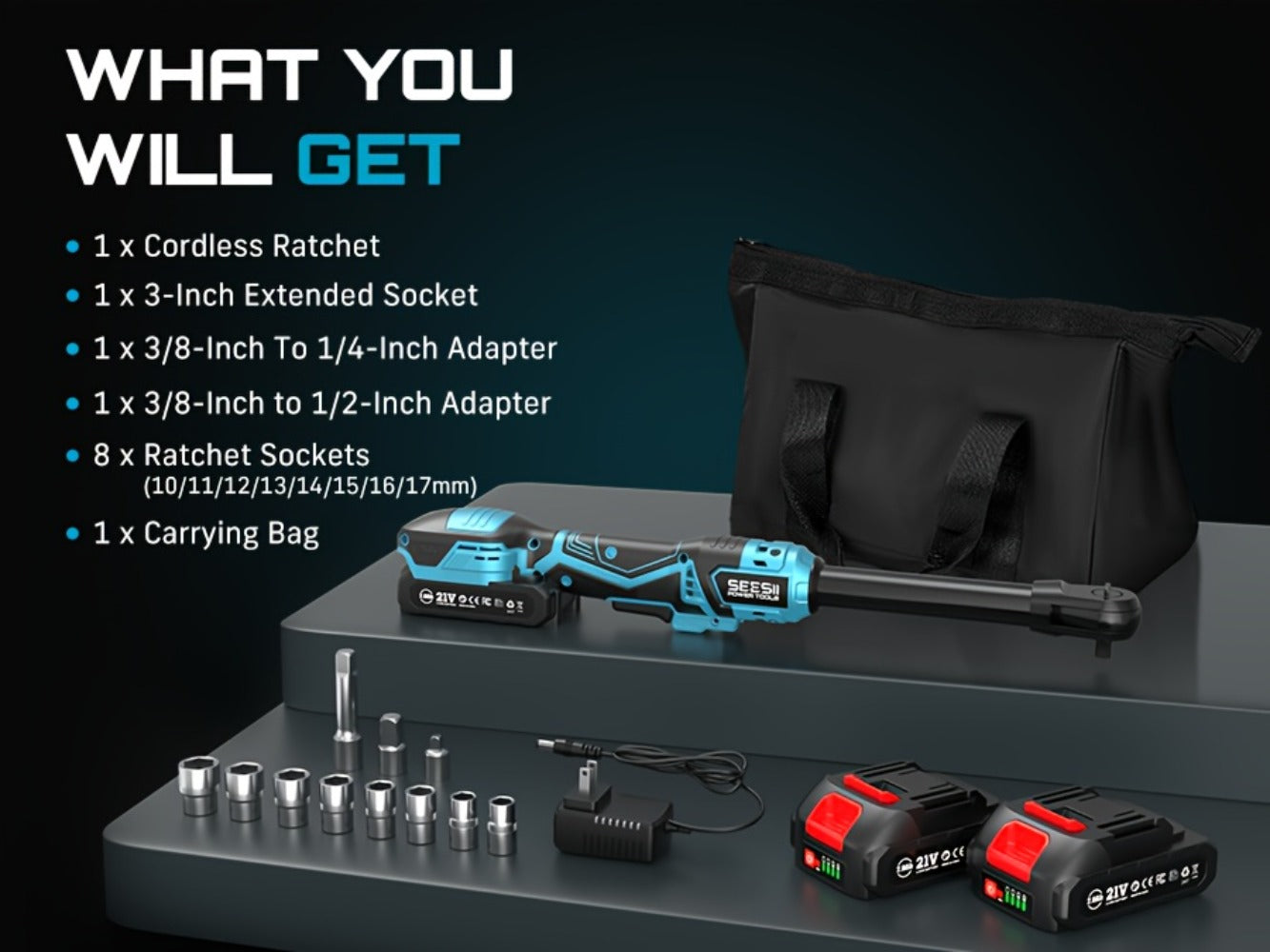 21V Power Ratchet Wrench Set 3/8'' Drive, 59 Ft-lbs 400 RPM Cordless Electric Ratchet, Variable Speed Trigger