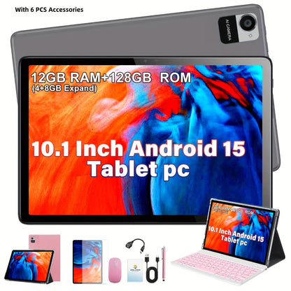 CRELANDER 10.1 Inch Android 15 Tablet 2-in-1 with Wireless Keyboard, Mouse, Case & Stylus, 128GB ROM 12GB RAM 1TB Expandable