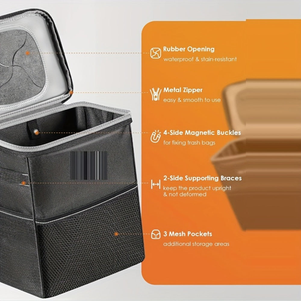 Structured Car Trash Bin with Lid, Silver-Tone Lining, Magnetic Buckles and Three Mesh Pockets