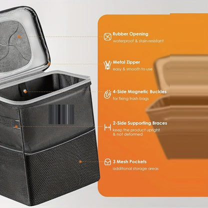 Structured Car Trash Bin with Lid, Silver-Tone Lining, Magnetic Buckles and Three Mesh Pockets