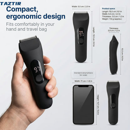 Waterproof Beard Trimmer 5-in-1 Body Grooming Kit for Men IP67 USB Rechargeable Electric Razor with Ceramic Blades LED Display