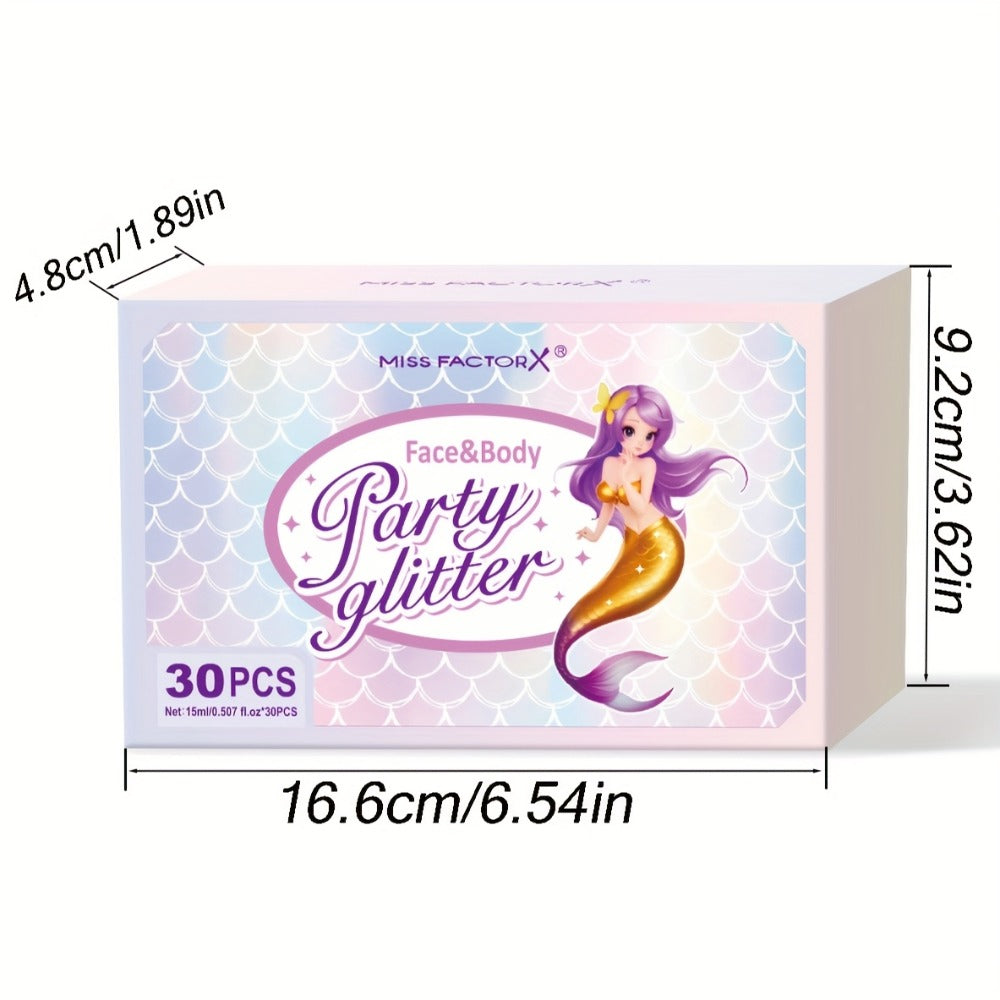 Face Body Glitter Gel Set 30 Pieces – Colorful Shapes Mermaid Sequin Stars Hearts, Transparent Gel Base, Skin-Safe Shimmer Makeup
